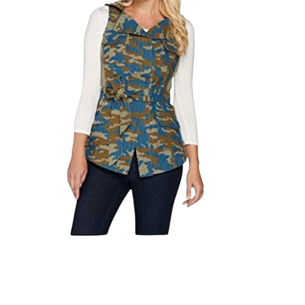 womens vestβ G.I.L.I. Collar Belted blue indigo camo camouflage vest size 10